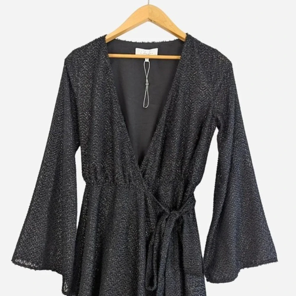 L'Academie The Wrap Mini Dress Black Metallic Eyelash Fringe NWOT Small - Picture 6 of 11